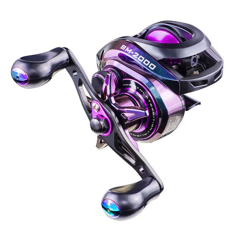 BM2000 fishing reel with magnetic brake water drop system showing left and right hand configuration options
