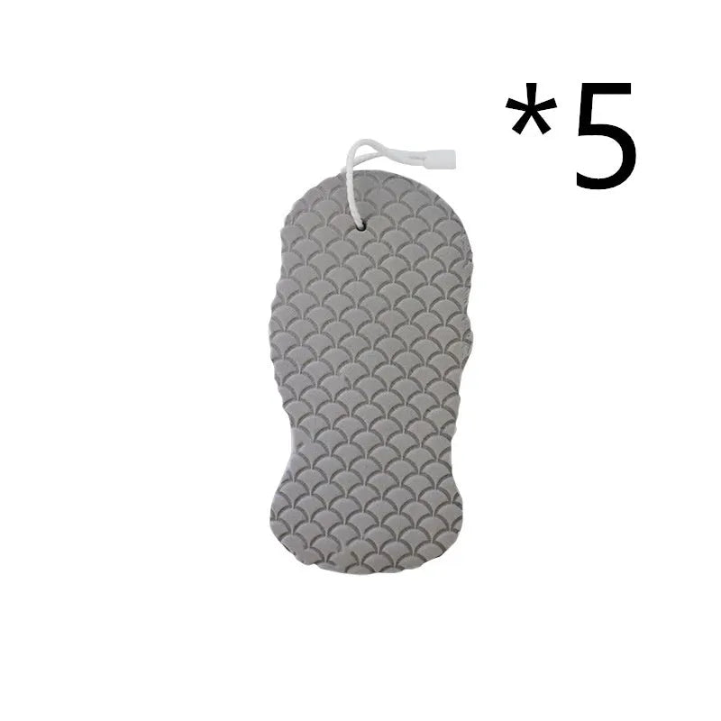 3D bath sponge ball with fish scale texture in white, grey, pink, and light blue colours