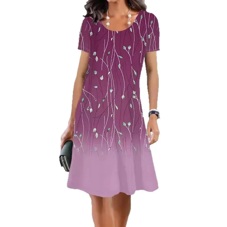 Mid-length A-line summer dress with botanical prints on polyester ice silk fabric with short sleeves and round neckline