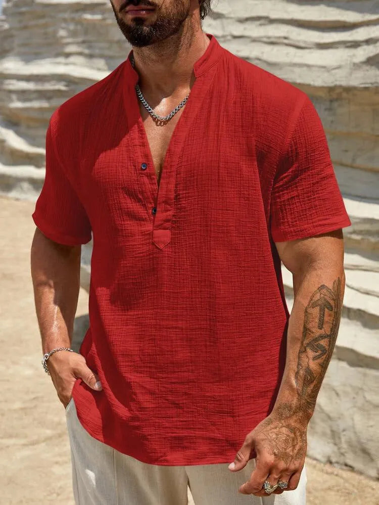 Men's solid colour short sleeve stand collar casual shirt on a hanger