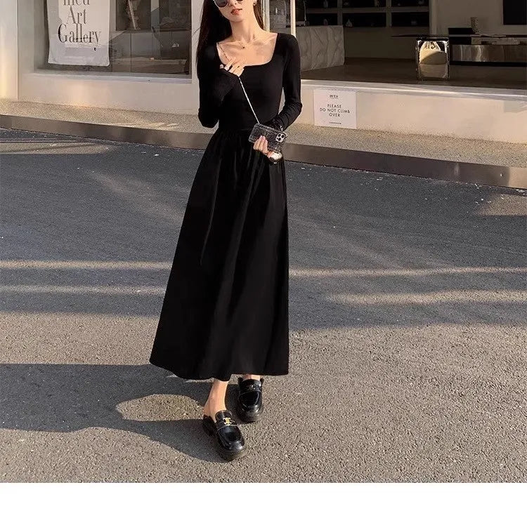 Women's black square collar knitted A-line dress with long sleeves and elastic waist