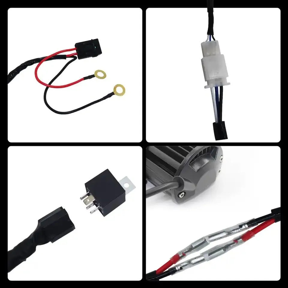 Automotive LED work light wiring harness with 2 metre silicone cable and one-to-two connector