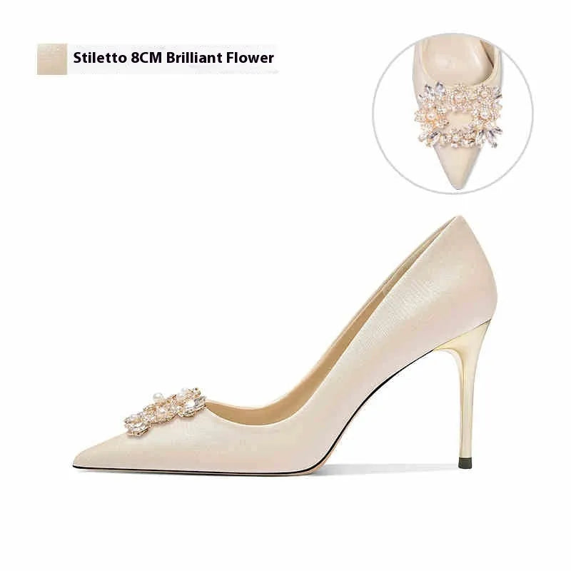 French wedding crystal bridal high heels with pointed toe and rhinestone decoration