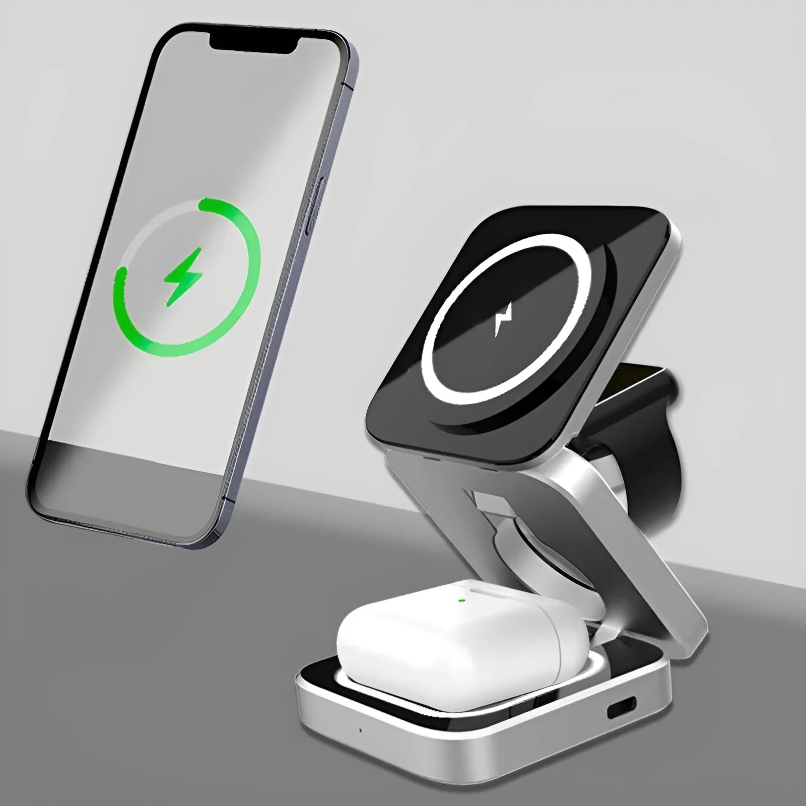 Foldable three-in-one desktop wireless charging stand for Apple iPhone and Samsung Galaxy phone.