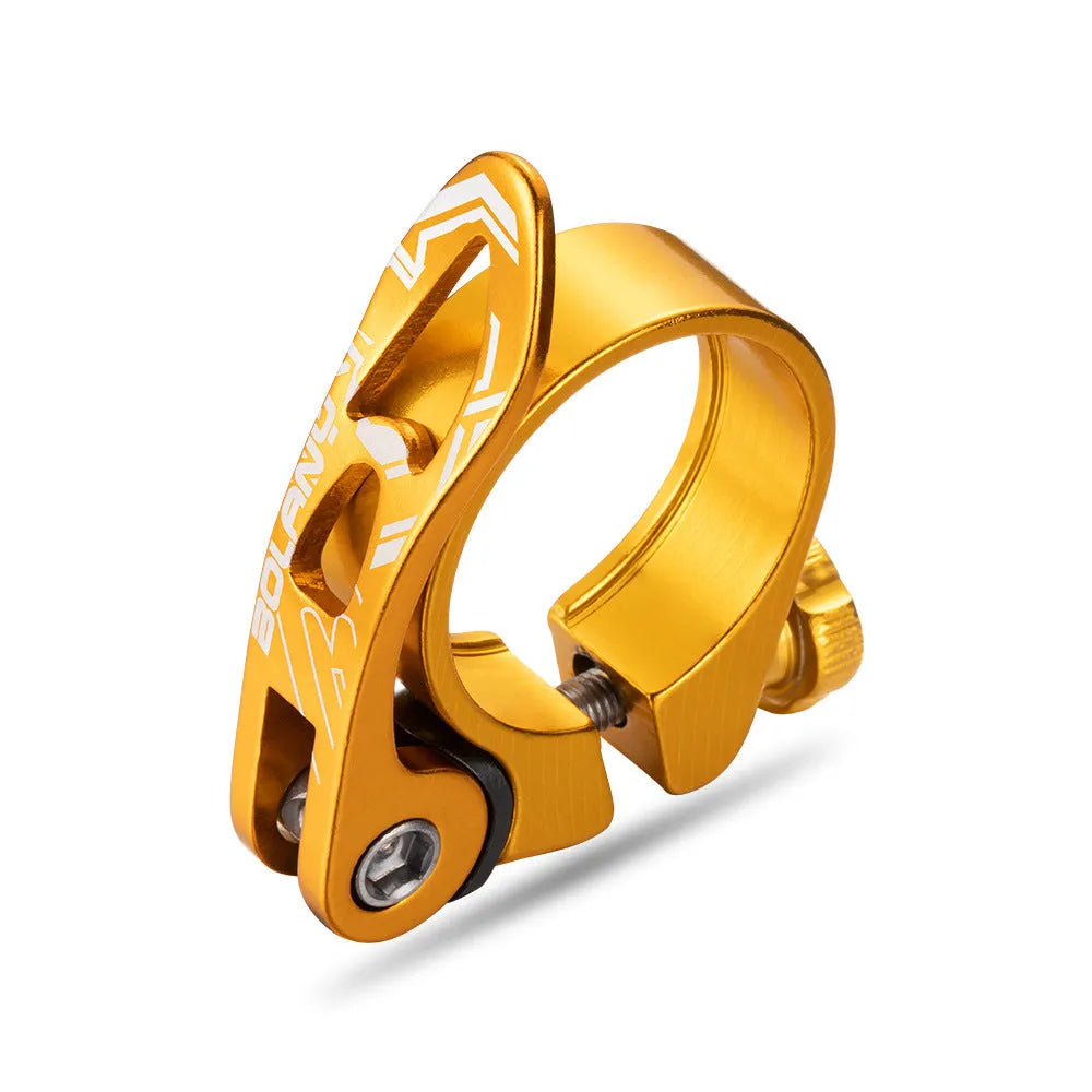 Aluminium mountain bicycle seat post clamp in black, blue, gold, or red, showing 31.8mm and 34.9mm size options.