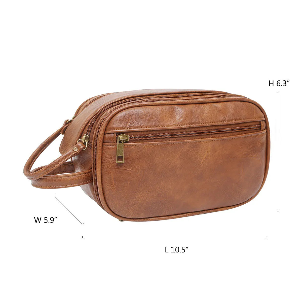 Black and brown men's PU toiletry bag with a zip closure for travel.