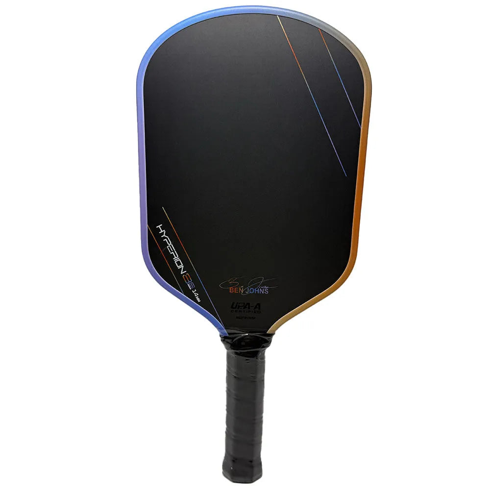 Carbon fibre pickleball racket with multi-colour matte pattern, showing 418mm length and honeycomb core construction.