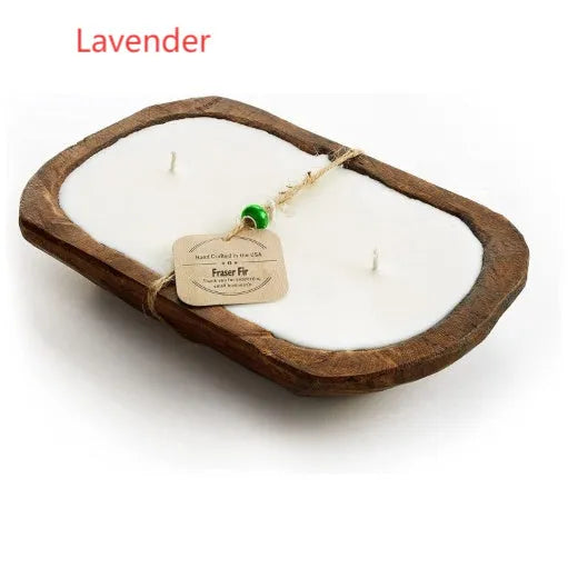 Lavender soy wax candle in wooden basin container with three wicks