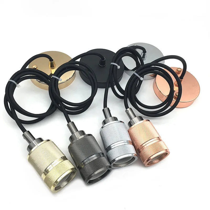 Retro DIY ceiling light chandelier kit with cast aluminum holder and woven power cord in shiny black and gold finishes