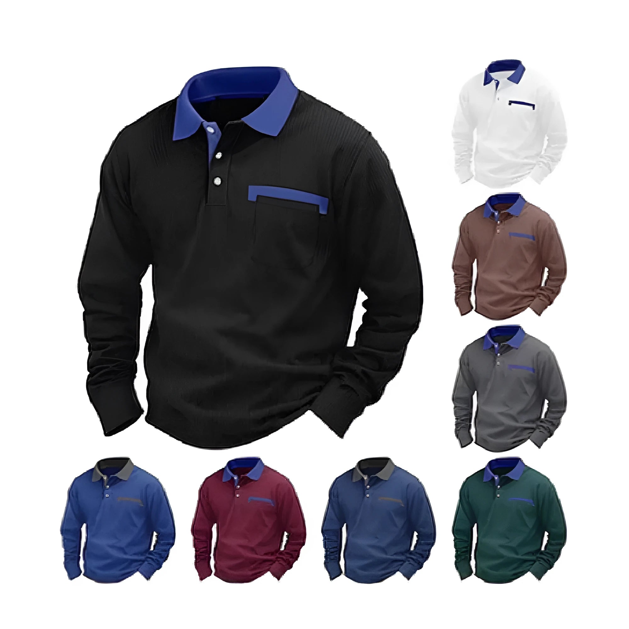 Man wearing a long-sleeved waffle texture polo shirt in a loose fit, showcasing the asymmetric detail.