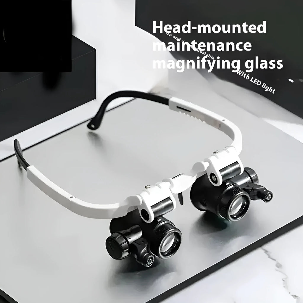 White head mounted magnifying glass with folding arms and LED light for watch and circuit board repair
