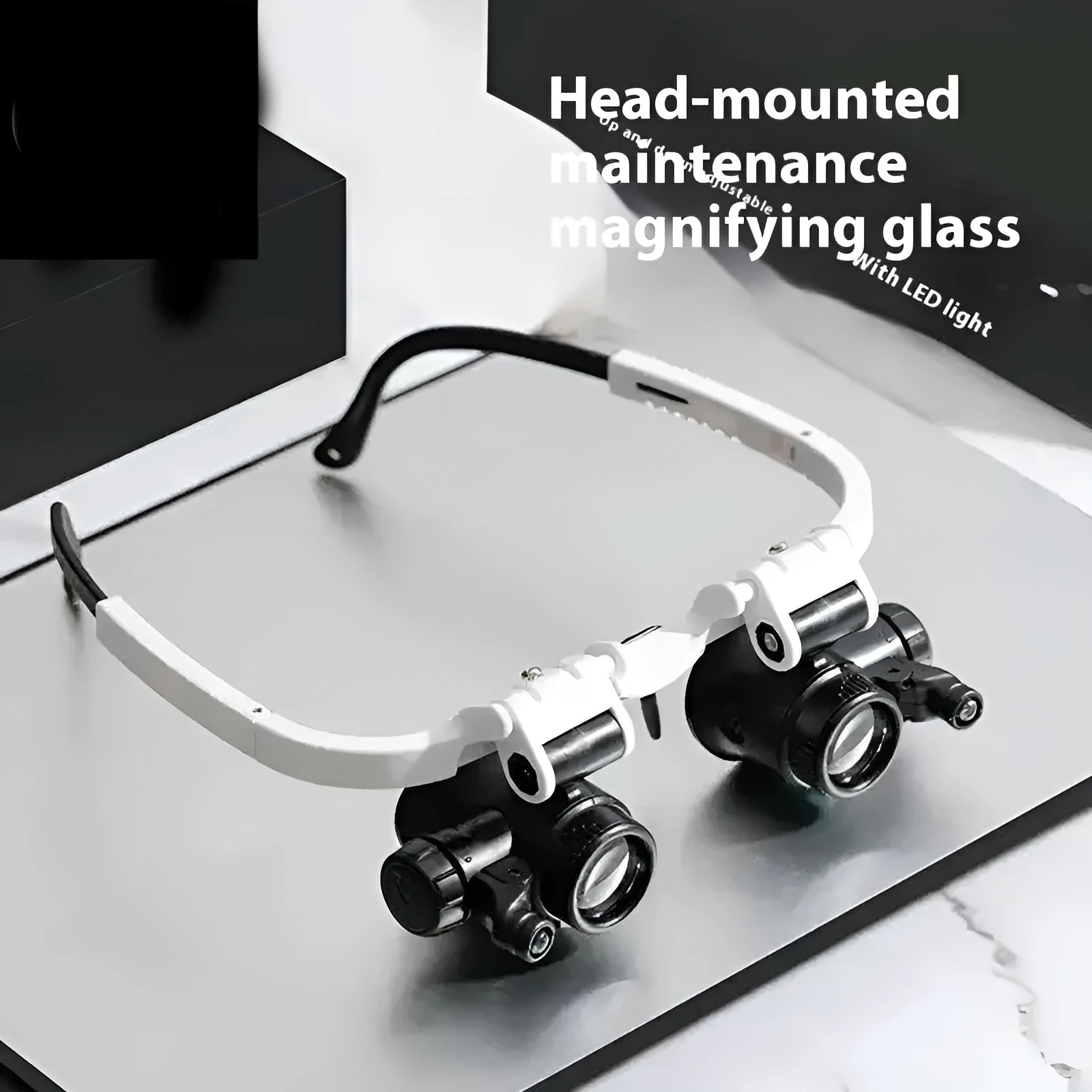 White head mounted magnifying glass with folding arms and LED light for watch and circuit board repair