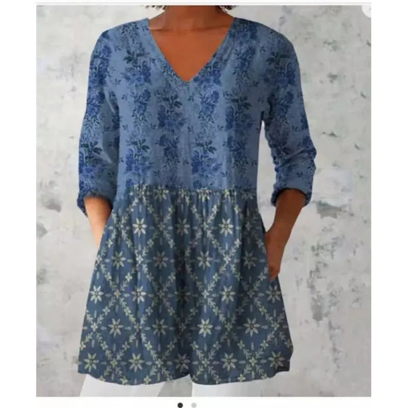 Women's printed floral dress with loose fit, wide waist, and 3/4 ruffle sleeves