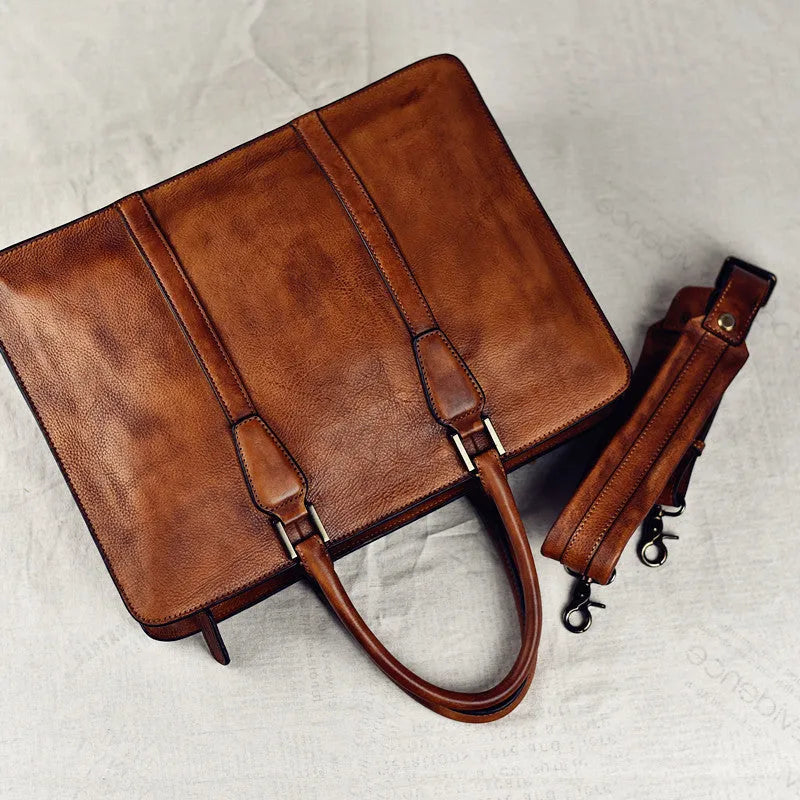 Men's 14 inch horizontal leather business handbag with zipper in khaki colour