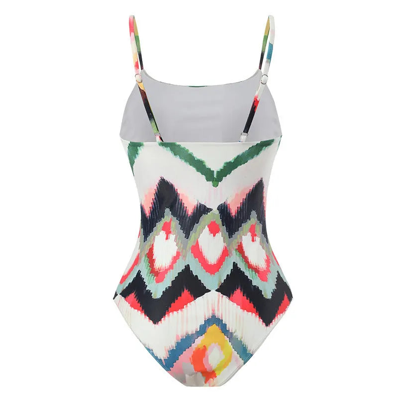 Women's two-piece swimsuit with hip skirt in printed polyester fabric