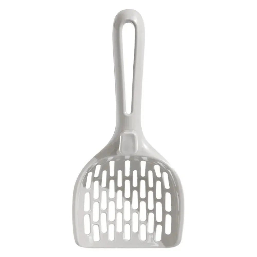 Grey plastic cat litter scoop with an attached stand or base.