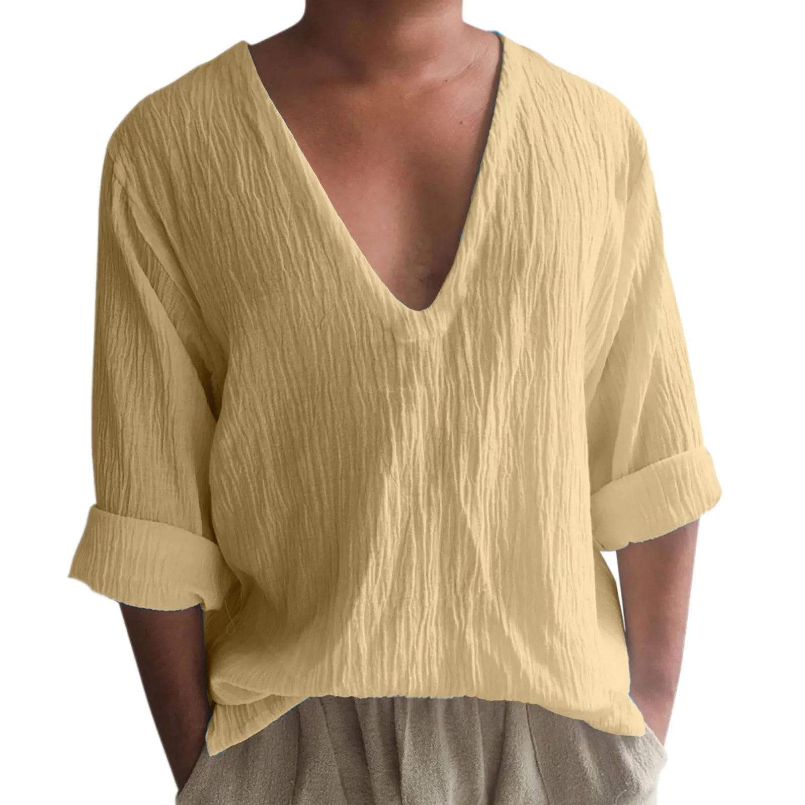 Men's long sleeve V-neck washed cotton t-shirt in solid colour British style pullover design