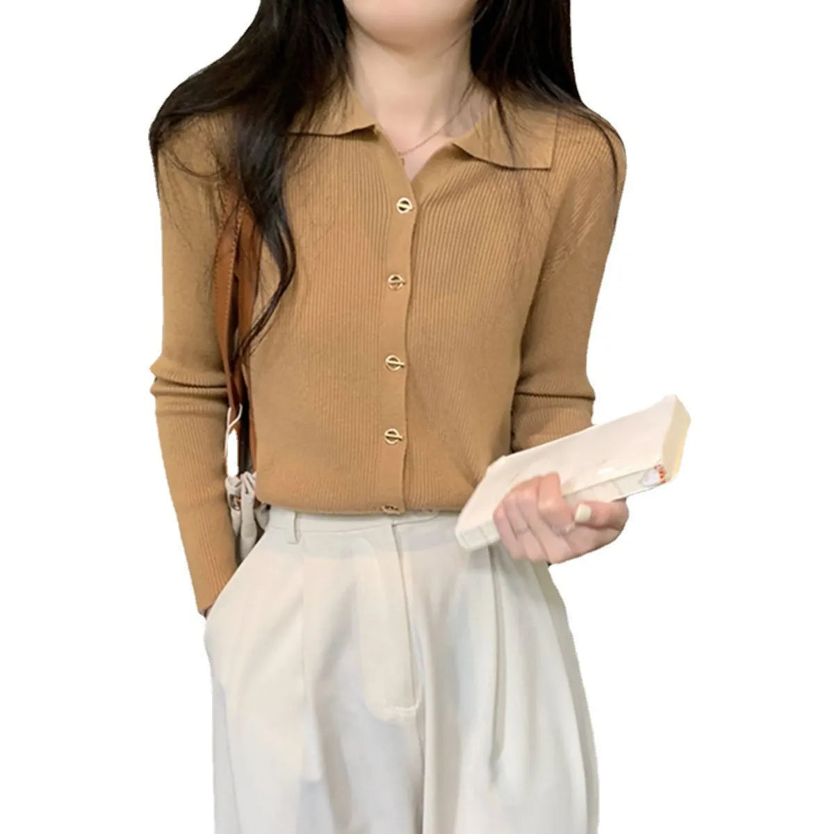 Women's long sleeve loose fit knitted cardigan in viscose fibre, shown in beige colour.