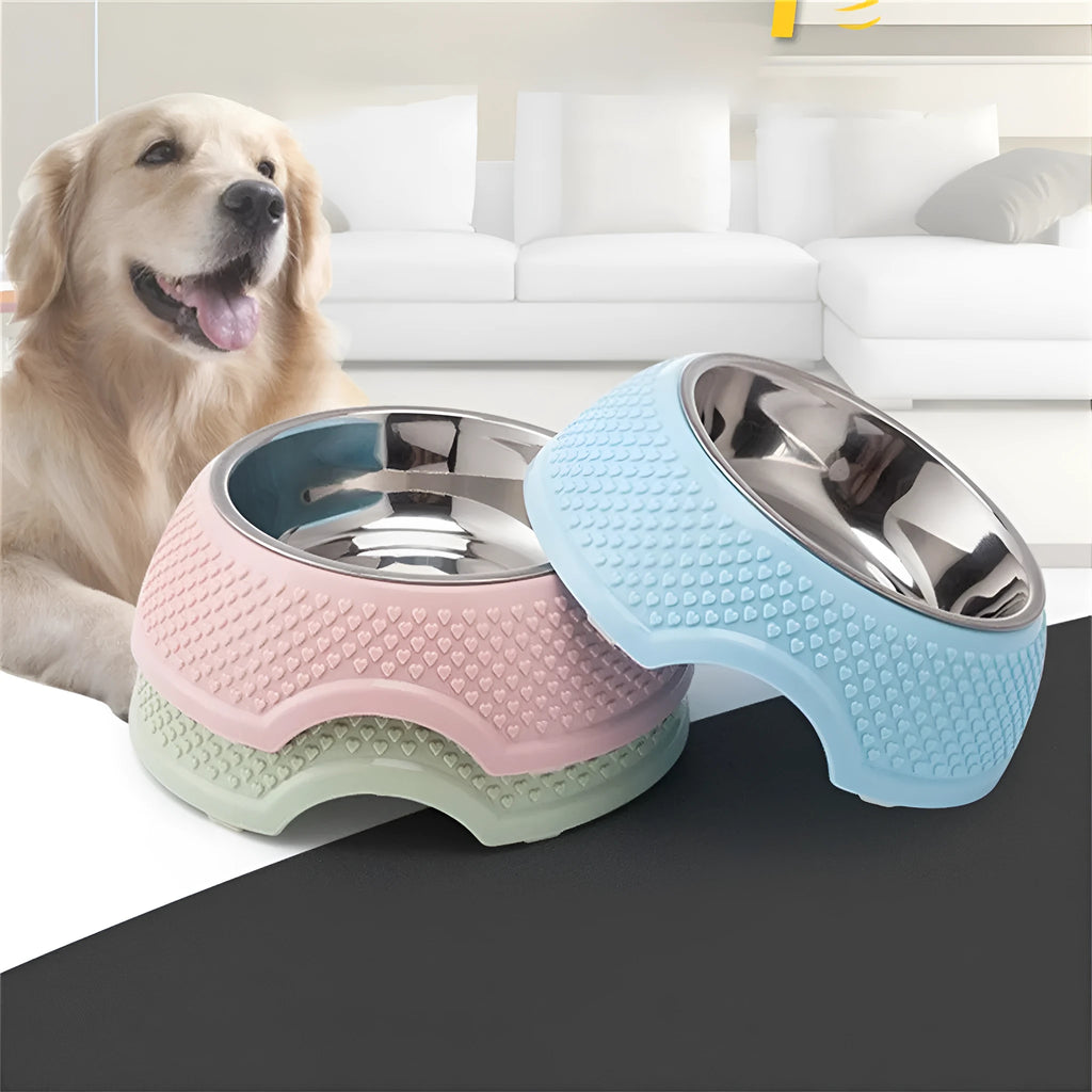 Blue stainless steel pet bowl with rubber non-slip base for cats and dogs