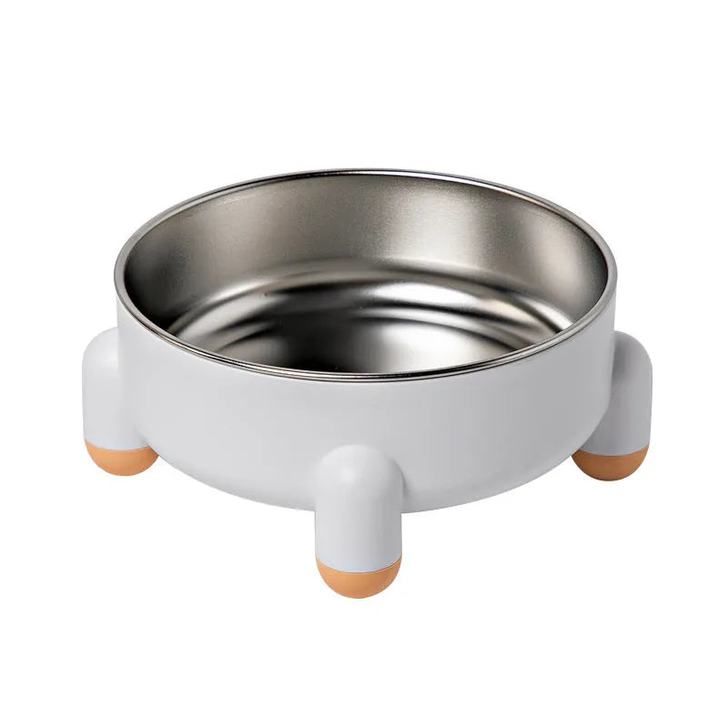 Stainless steel pet food bowl with non-slip base in pink, white and green colours