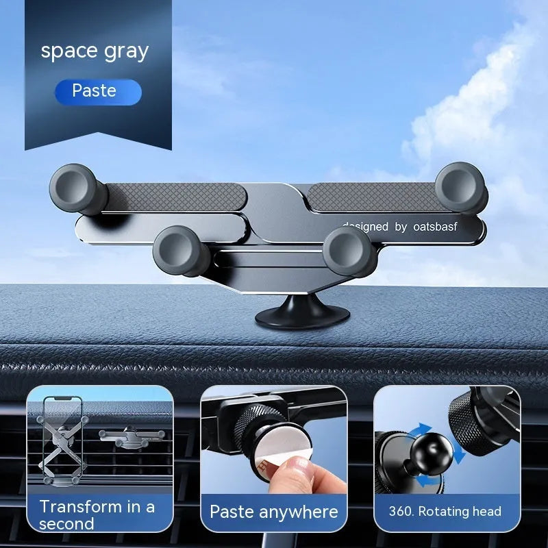 Invisible alloy car phone bracket showing air vent and dashboard mounting options in black, silver and grey colours