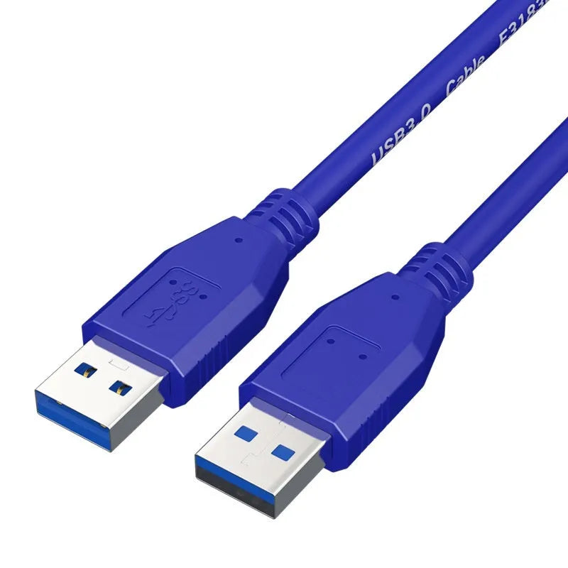 USB 3.0 male-to-male data cable with nickel-plated connectors on a white background