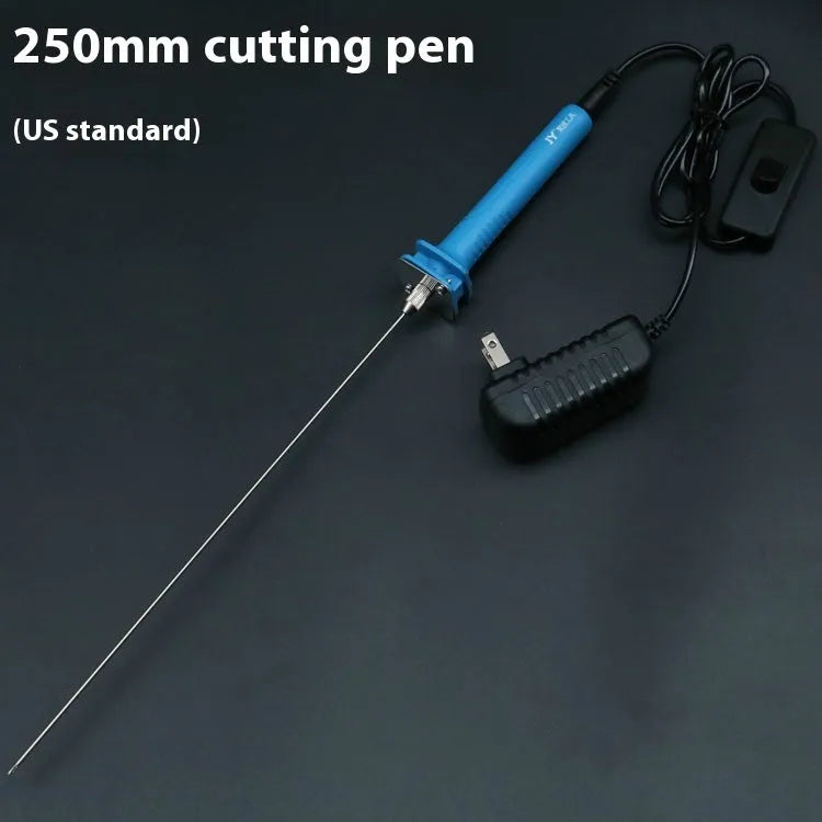 Blue plastic-handled electric heating cutter pen with adapter for cutting foam and polystyrene.