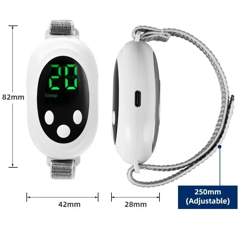 White sleep aid device with handheld remote control and adjustable intensity settings for insomnia management