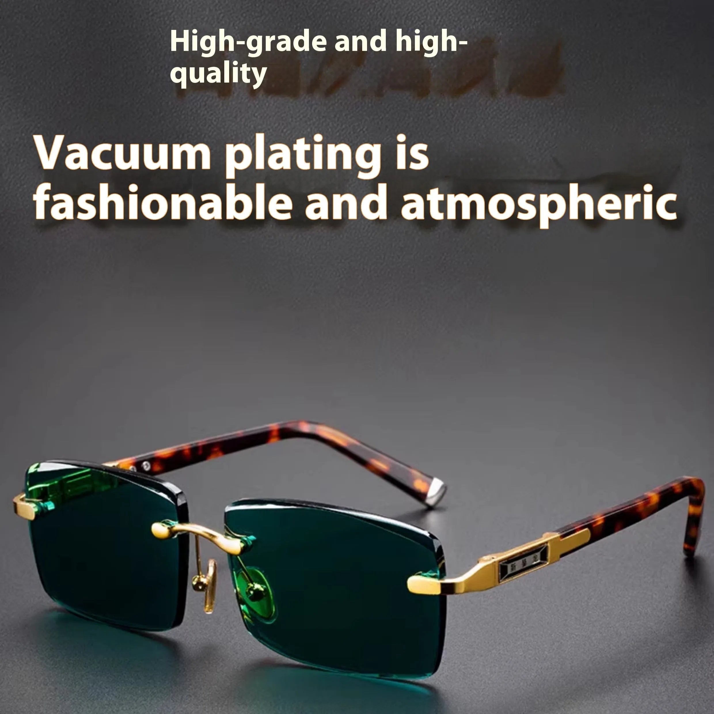 Dark green frameless crystal sunglasses on a case with a lens cloth.