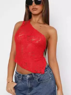 Women's slim-fit lace backless vest with an asymmetrical neckline in solid colour