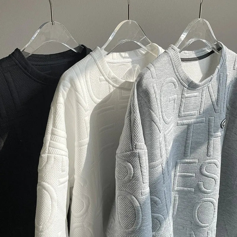 Men's black retro t-shirt with three-dimensional white letter design, loose fit short sleeve styling