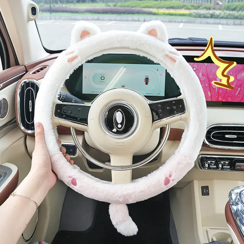 Winter plush steering wheel cover with cartoon animal embroidery, 38cm diameter