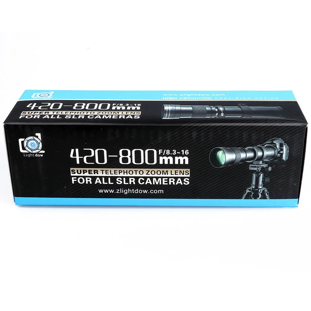 Silver and black manual zoom lens adapter showing extended barrel with 420-800mm markings and 67mm filter thread.