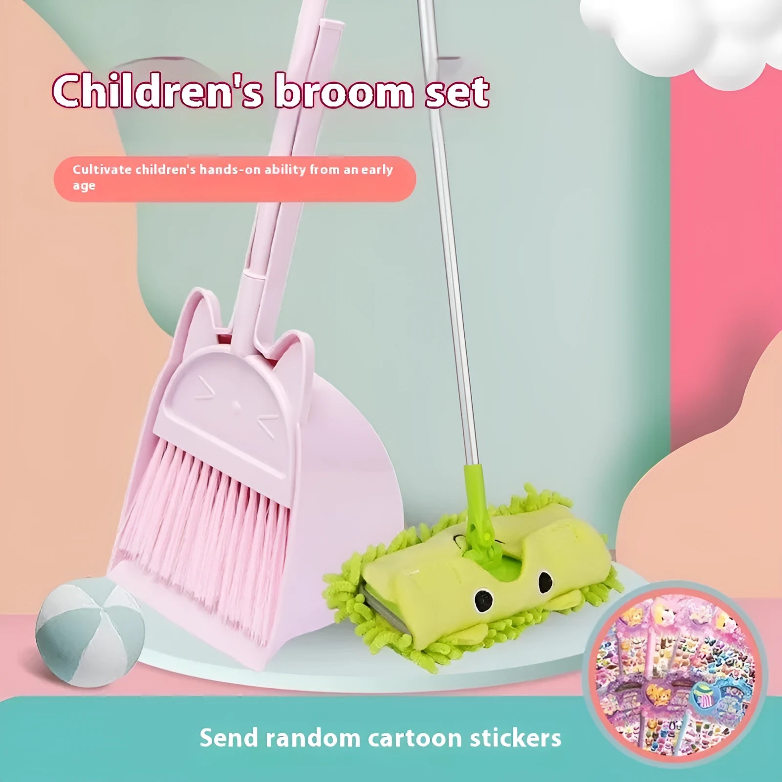 Plastic broom and dustpan set with non-stick rotating brush and storage holder in purple, green or beige