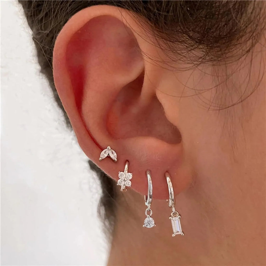 Geometric square copper earrings for women with zircon detailing in gold and silver electroplated finishes