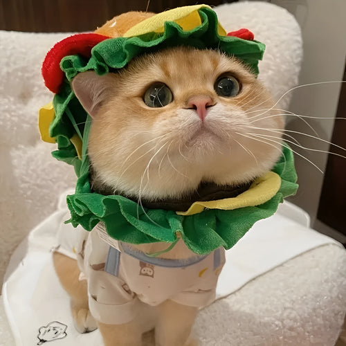 Plush burger headdress collar for pets with lettuce, cheese, and bun details in three sizes