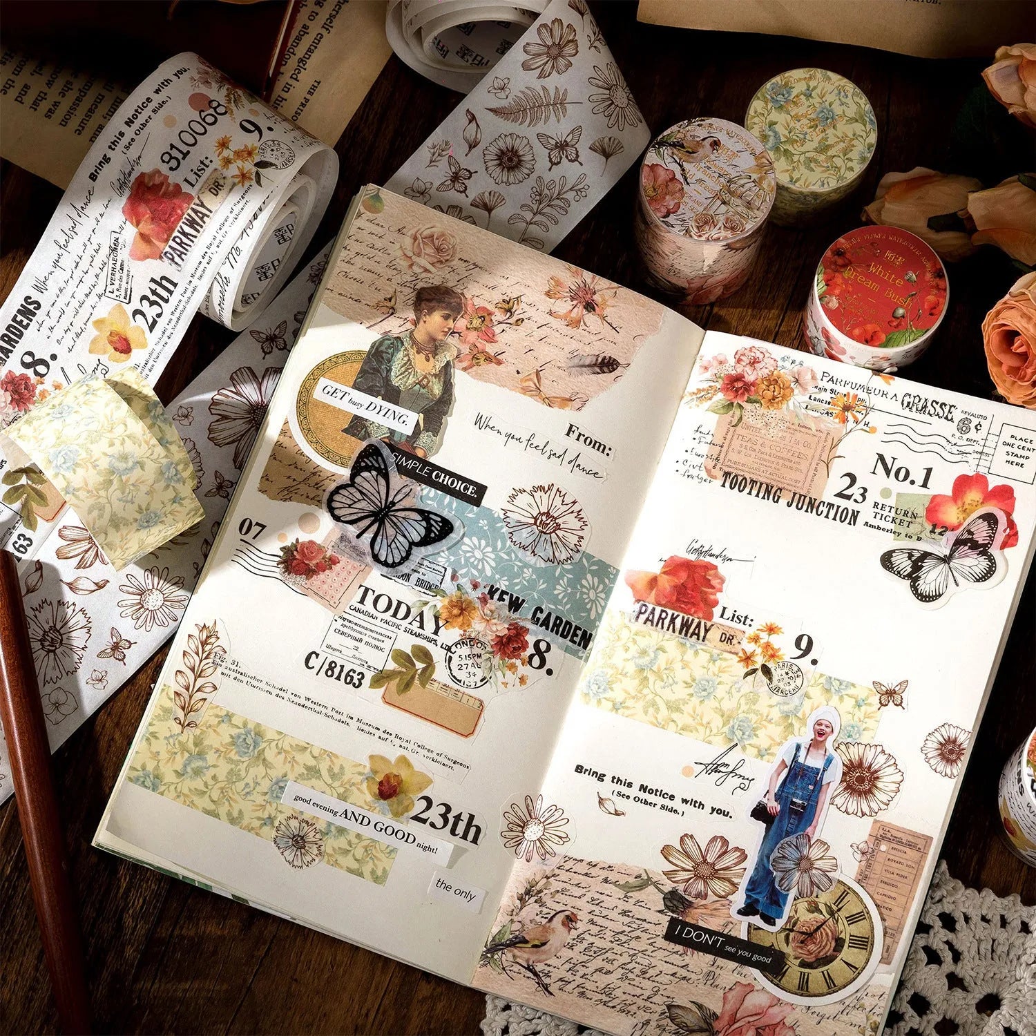 Roll of vintage floral watercolour decorative paper tape with Japanese paper backing, showing 2m length.