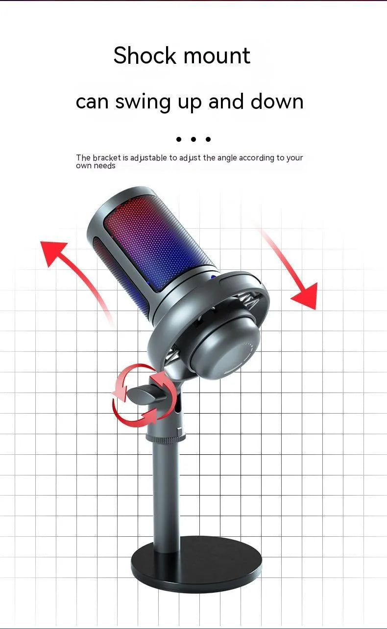 USB condenser microphone with RGB lighting in black, white or pink colours for live broadcast streaming