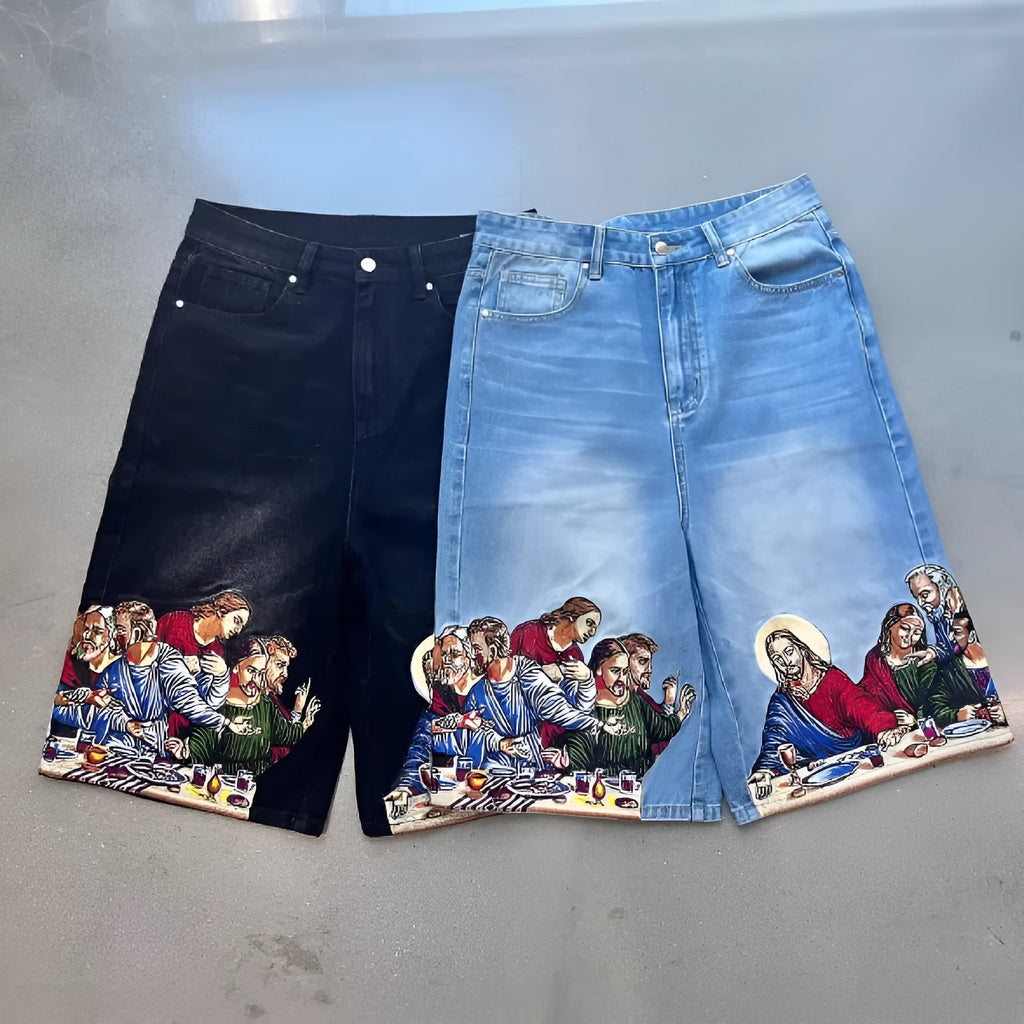 Men's blue cotton shorts with Jesus printed design on back pocket showing tapered fit