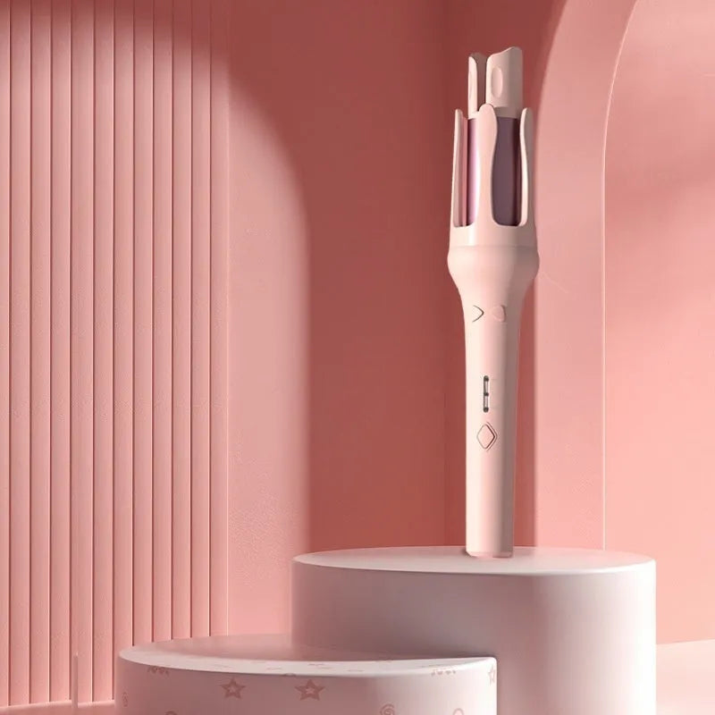White automatic hair curler with 32mm barrels showing pink and purple colour options