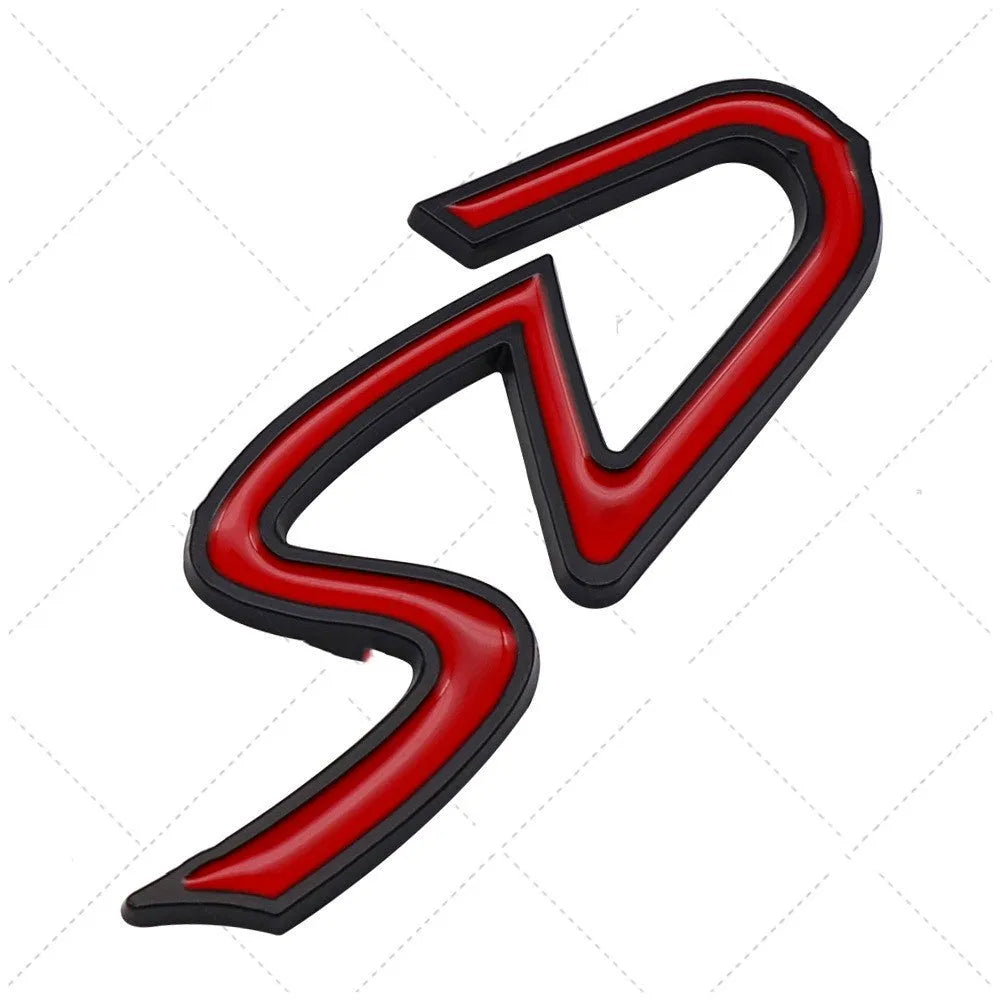 Red and silver SD-shaped metal decorative sticker for cars next to smaller red and black D-shaped sticker.