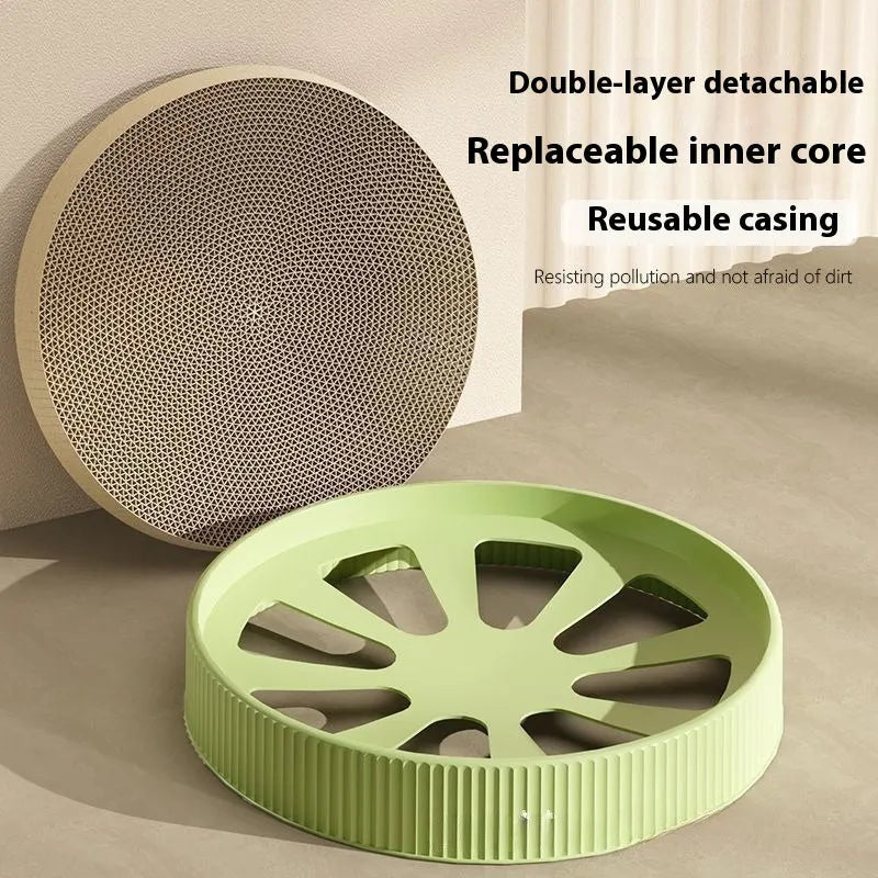 Green and white 55cm round cat scratching board with replaceable corrugated paper surface