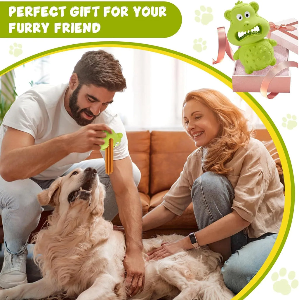 Green and yellow thick natural rubber dog toy with squeaker for large breed aggressive chewers.