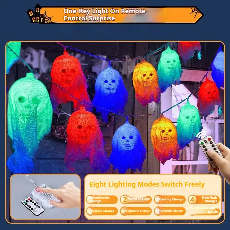 Halloween battery-powered LED coloured string lights for indoor wall decoration showing colour and warm white options