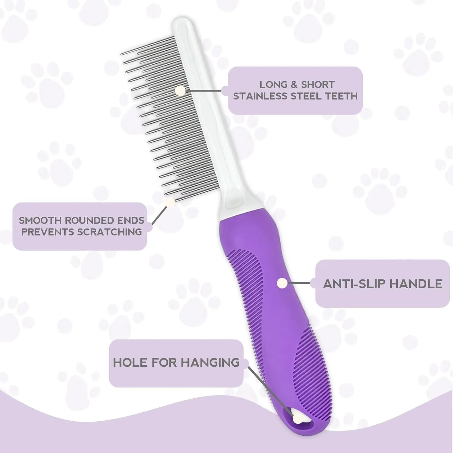 Purple handled pet grooming comb with long and short stainless steel teeth for detangling dog and cat fur.