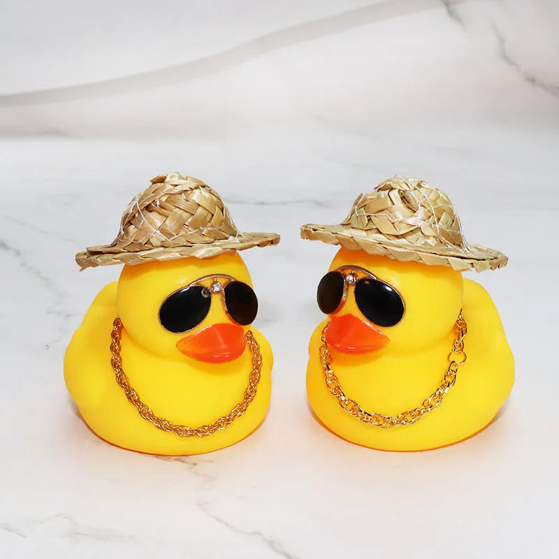 Straw hat yellow duck cartoon car dashboard ornament with sunglasses accessory on matte finish
