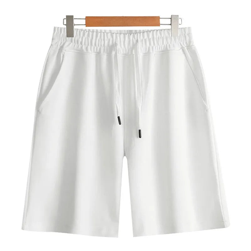 Men's straight-leg cotton summer shorts in light grey, showing fifth length and casual fit.
