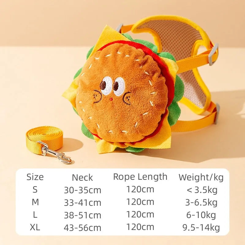 Cartoon hamburger design adjustable vest leash rope for dogs and cats in escape-proof backpack harness