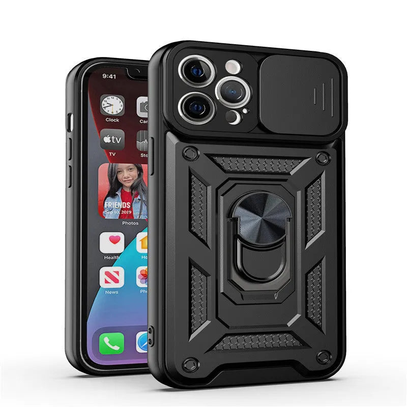 Sergeant sliding window mobile phone case in blue colour with visible magnetic bracket on back