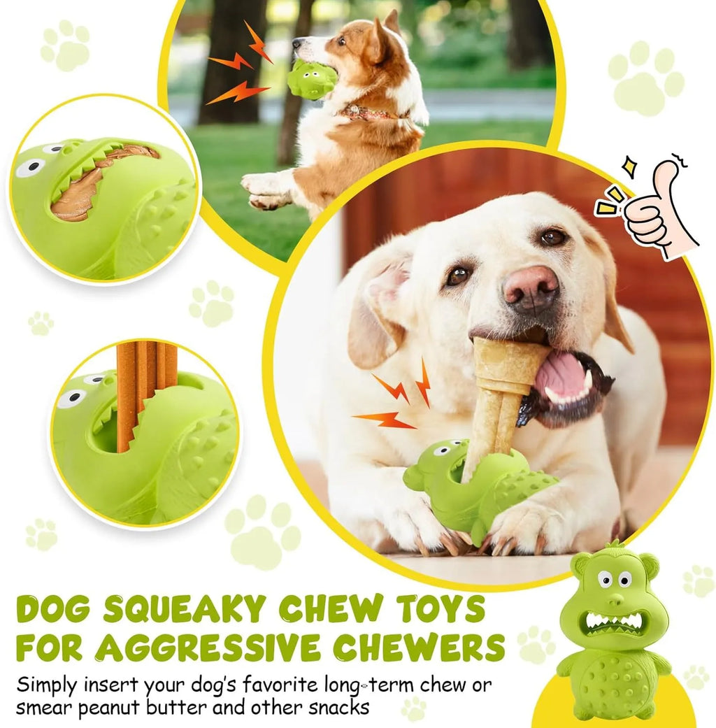 Green and yellow thick natural rubber dog toy with squeaker for large breed aggressive chewers.